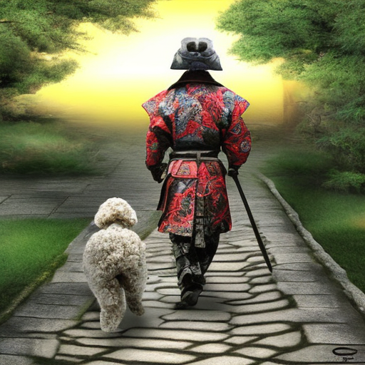 Stable diffusion generated image of Samurai walking down a path with a poodle, detailed, photo realistic